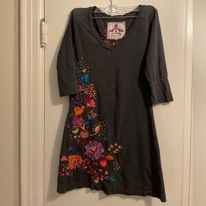 Johnny Was JW Los Angeles Gray Embroidered Vibrant Floral Knit Dress Tunic Small